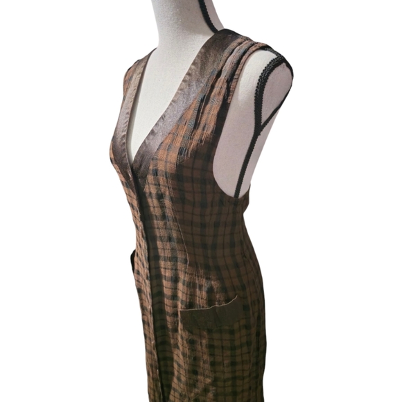 Vintage Plaid Buttondown Brown Sheath Sleeveless Midi Vest Dress with V-Neck - Picture 4 of 6